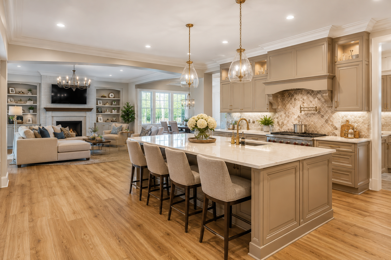 Open-concept family room and kitchen with beige cabinets, crown molding, decorative backsplash tile, large kitchen island, and warm honey-gold luxury vinyl plank flooring throughout the space.