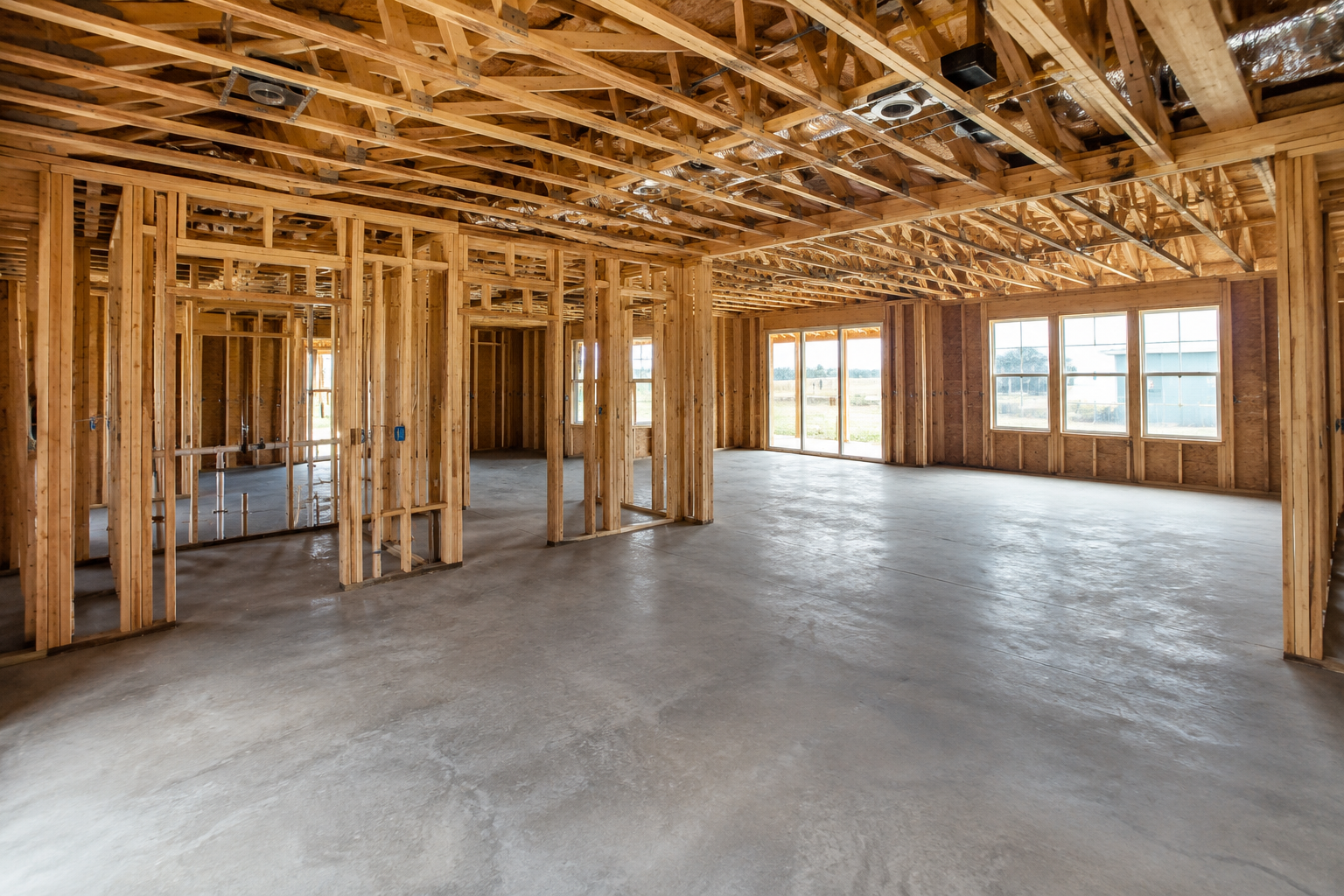 Interior of a ranch-style home under construction with exposed wood framing, open-concept layout, concrete slab flooring, and large windows before drywall and flooring installation.