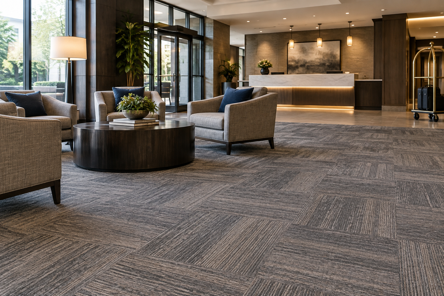 Modern hotel lobby seating area with gray patterned carpet tile, upholstered lounge chairs, a round wood coffee table, large windows, indoor plants, and a reception desk in the background.
