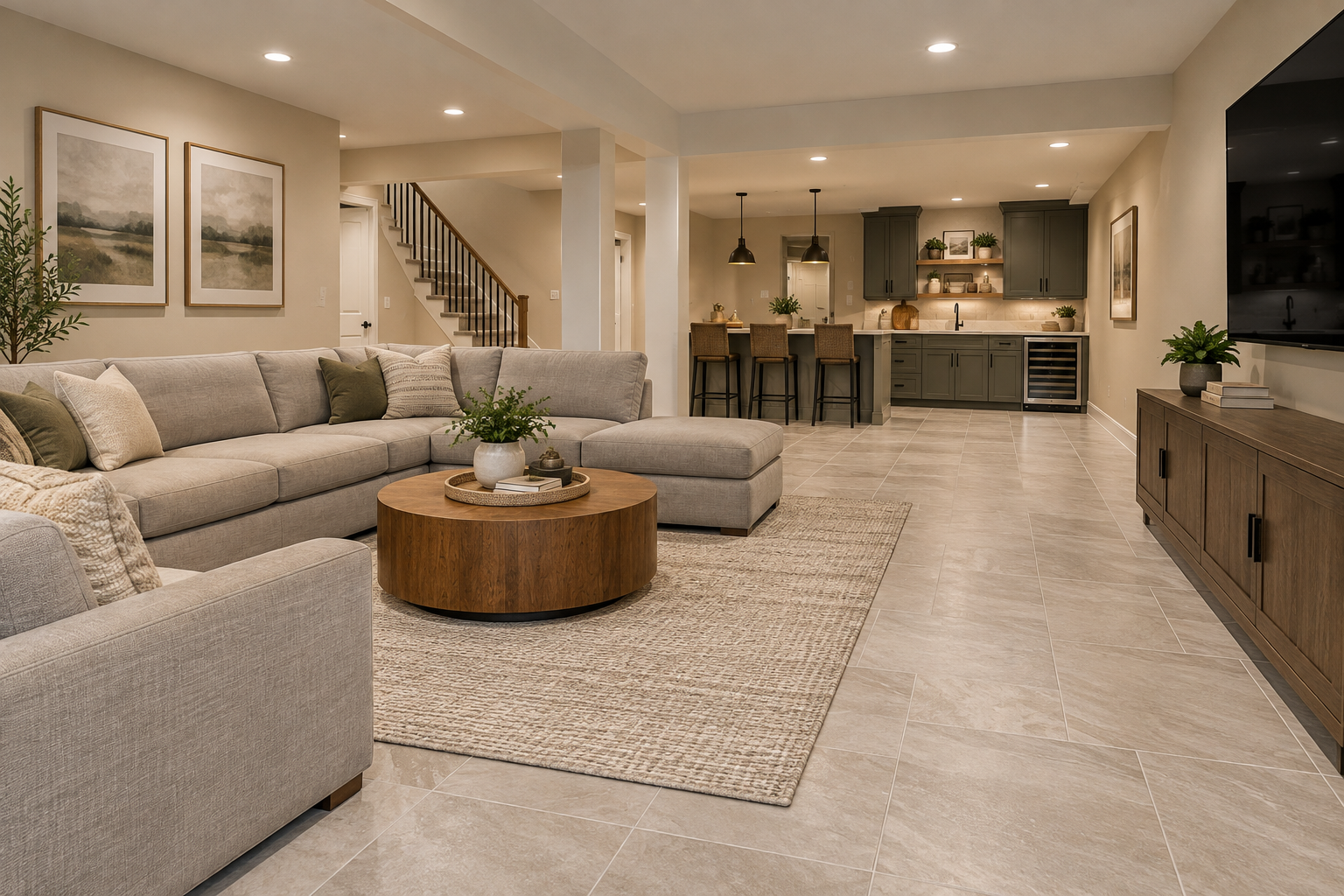 Finished basement living area featuring large-format, rectangular beige porcelain floor tiles with subtle stone-look veining and light grout lines. A light gray sectional sofa sits on a textured area rug beside a round wooden coffee table. The open-concep