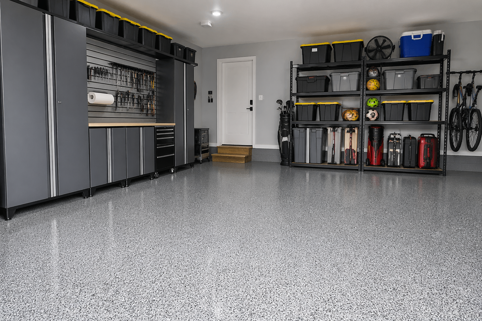 Speckled gray epoxy garage floor in a bright, tidy garage with black storage cabinets, organized shelving units, plastic storage bins, wall-mounted tools, and clear open space for vehicles or work areas.
