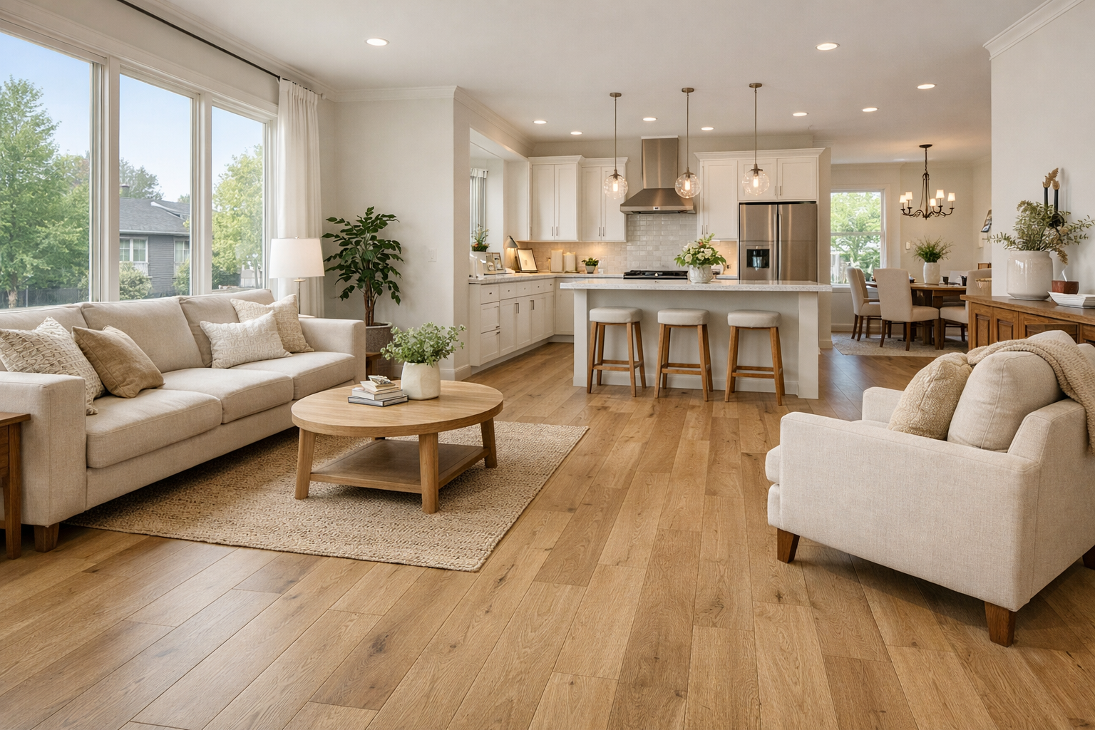 Bright open-concept Kansas City home featuring wide plank light oak hardwood flooring, neutral living room furniture, and a modern white kitchen.
