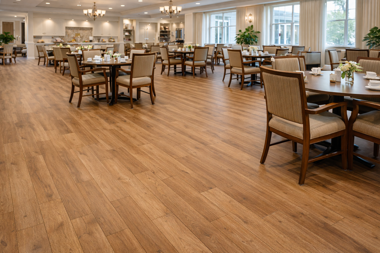 Warm laminate wood flooring in a bright retirement community dining hall with round dining tables and cushioned chairs.